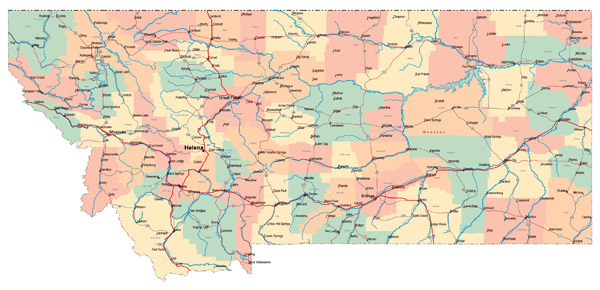 Large administrative map of Montana state with highways and major cities.