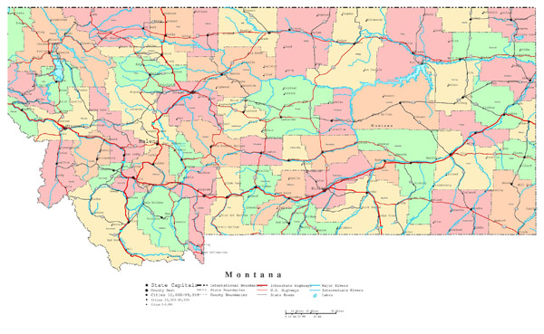 Large detailed administrative map of Montana state with roads, highways and major cities.