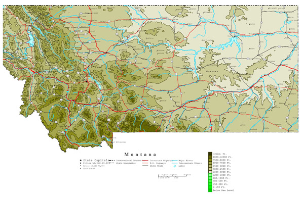 Large detailed elevation map of Montana state.