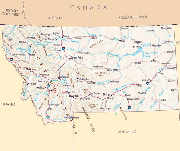 Large map of Montana state with relief, highways and major cities.