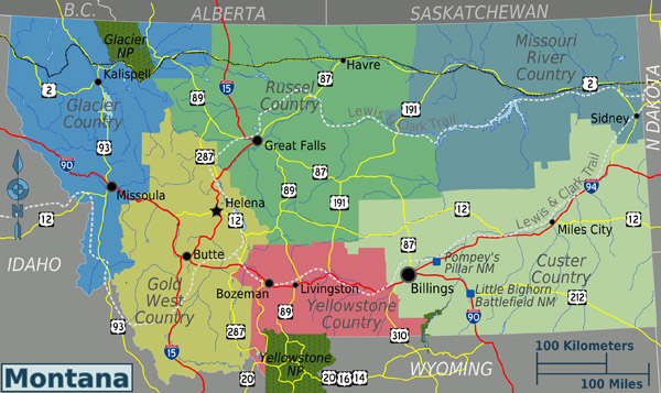 Large regions map of Montana state. Montana state large regions map.