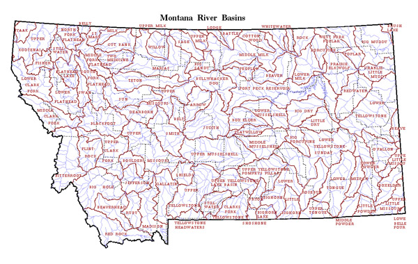 Map of Montana state River Basins. Montana state River Basins map.