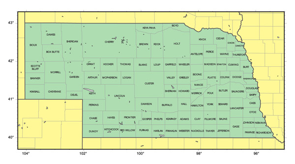 Detailed administrative map of Nebraska state.