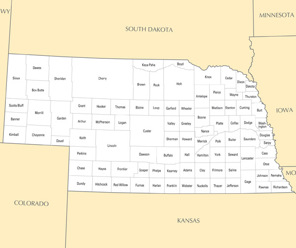Large administrative map of Nebraska state.