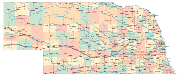 Large administrative map of Nebraska state with roads, highways and major cities.