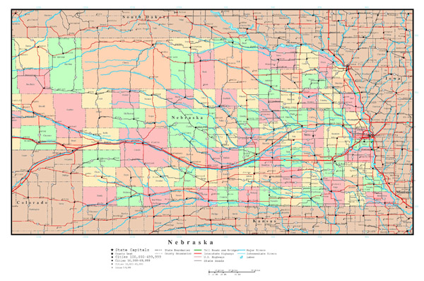 Large detailed administrative map of Nebraska state with roads, highways and all cities.