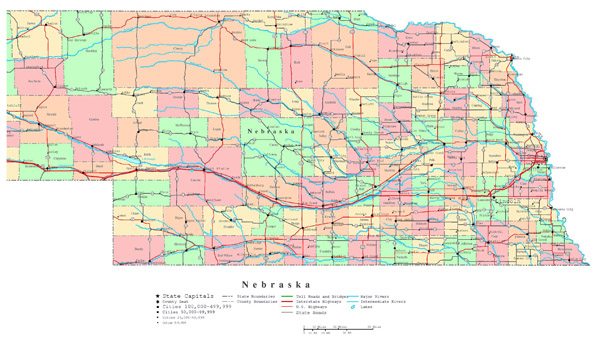 Large detailed administrative map of Nebraska state with roads, highways and major cities.