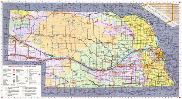 Large detailed Nebraska state highways system map with topographic regions.