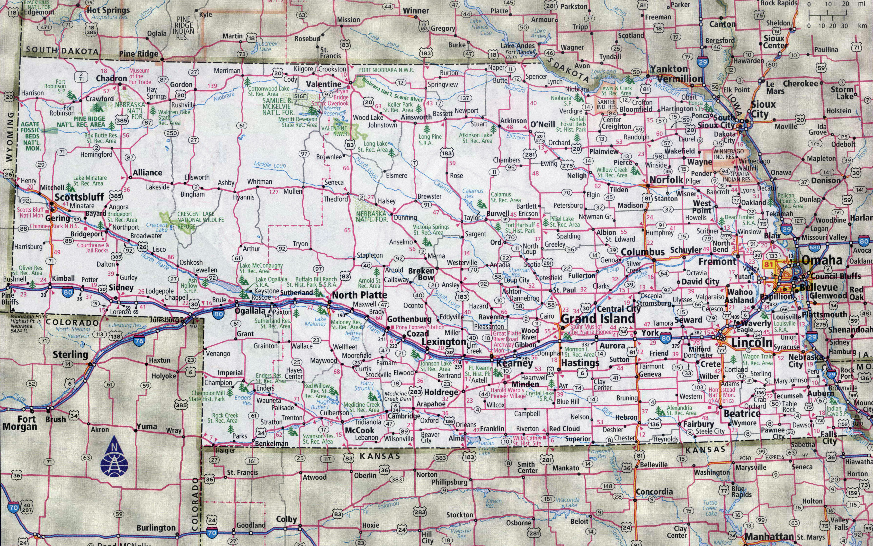 Large detailed roads and highways map of Nebraska state with cities