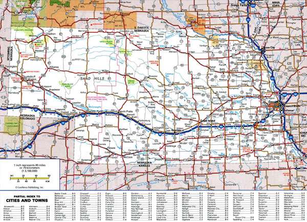 Large detailed roads and highways map of Nebraska state with national parks and cities.