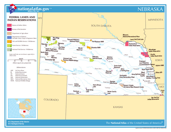Large map of Nebraska state Federal Lands and Indian Reservations.
