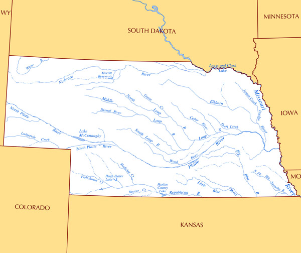 Large rivers and lakes map of Nebraska state.