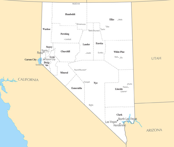 Large administrative map of Nevada state with major cities.