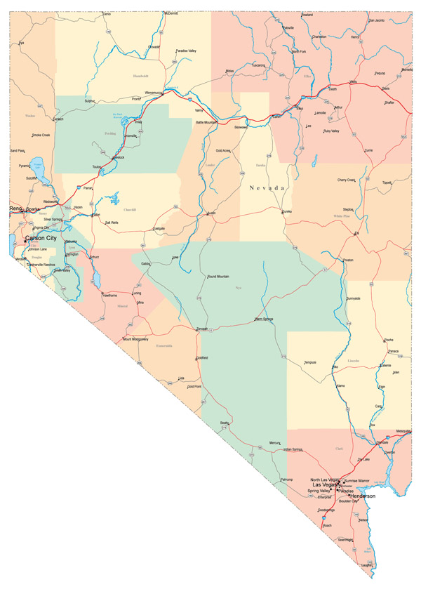 Large administrative map of Nevada state with roads, highways and major cities.