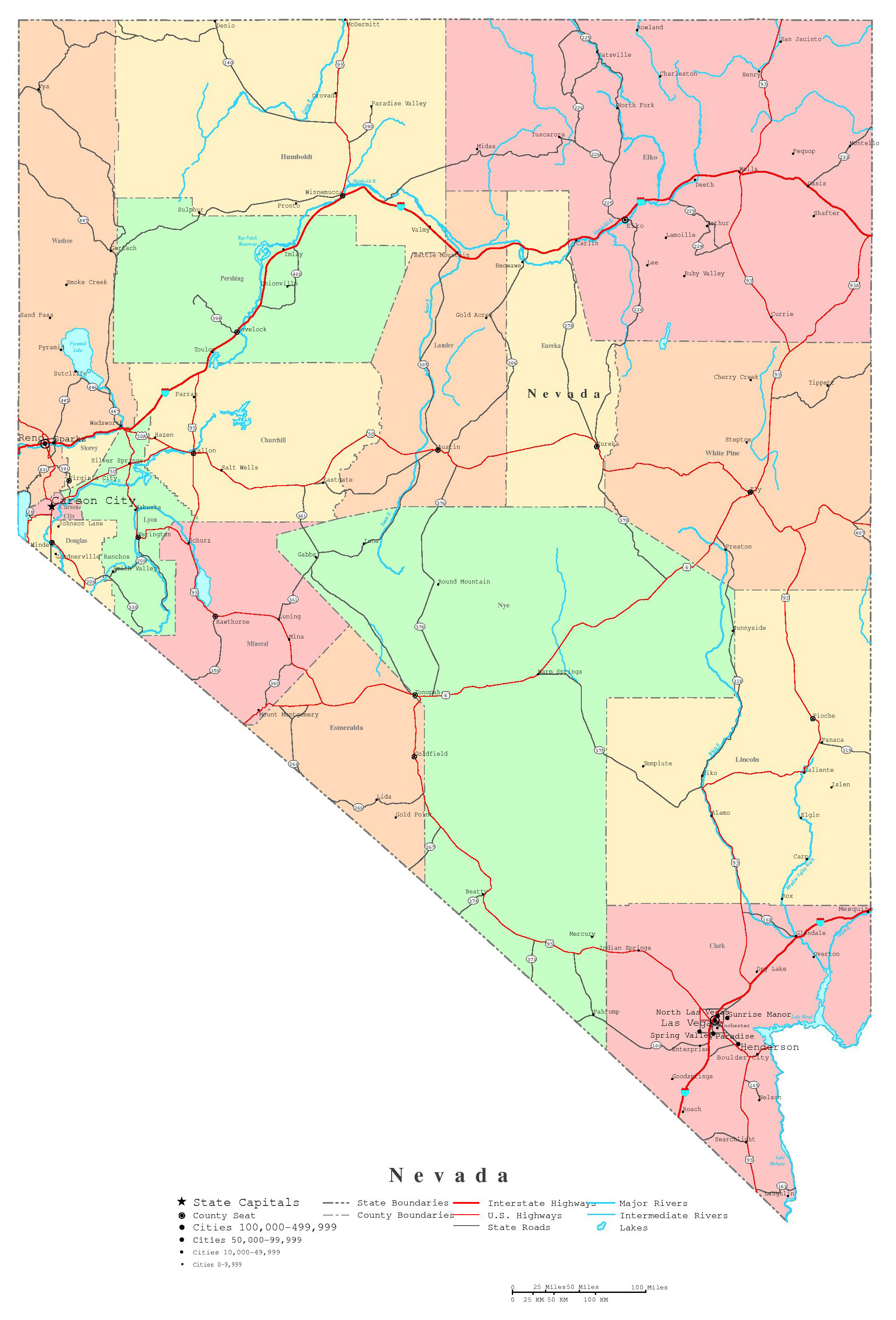 Large detailed administrative map of Nevada state with roads, highways