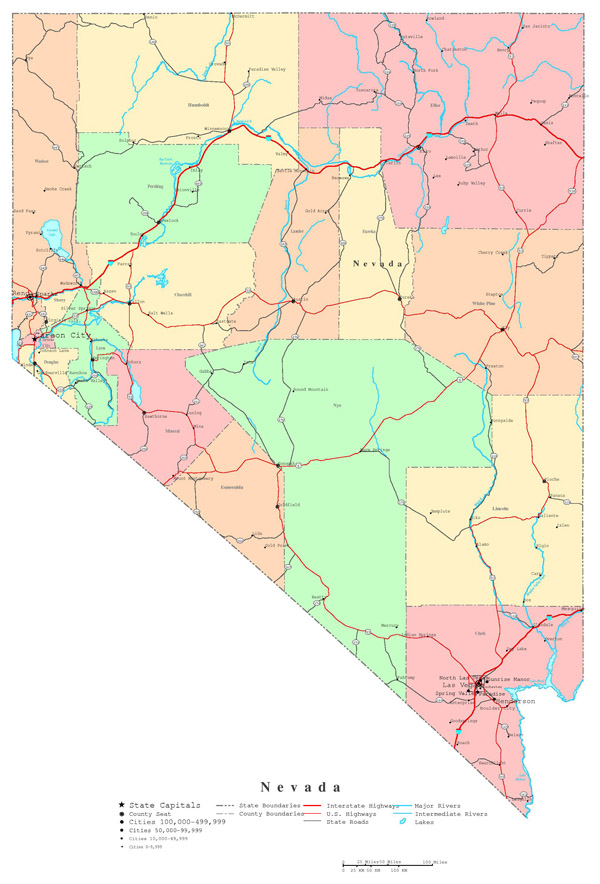 Large detailed administrative map of Nevada state with roads, highways and cities.