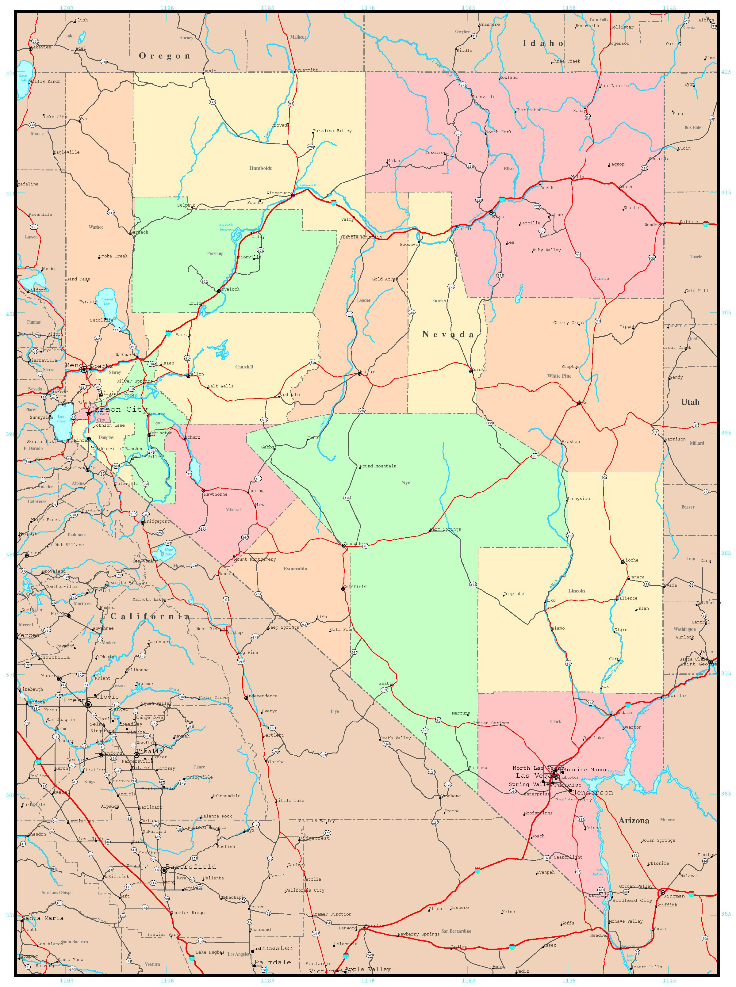 Large Detailed Administrative Map Of Nevada State With Roads Highways And Major Cities Vidiani Com Maps Of All Countries In One Place