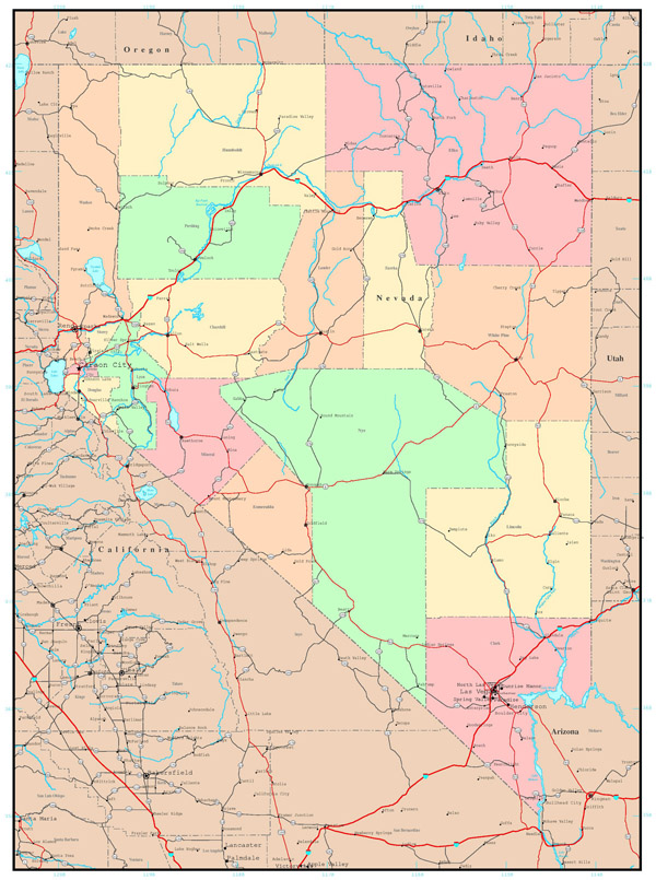 Large detailed administrative map of Nevada state with roads, highways and major cities.