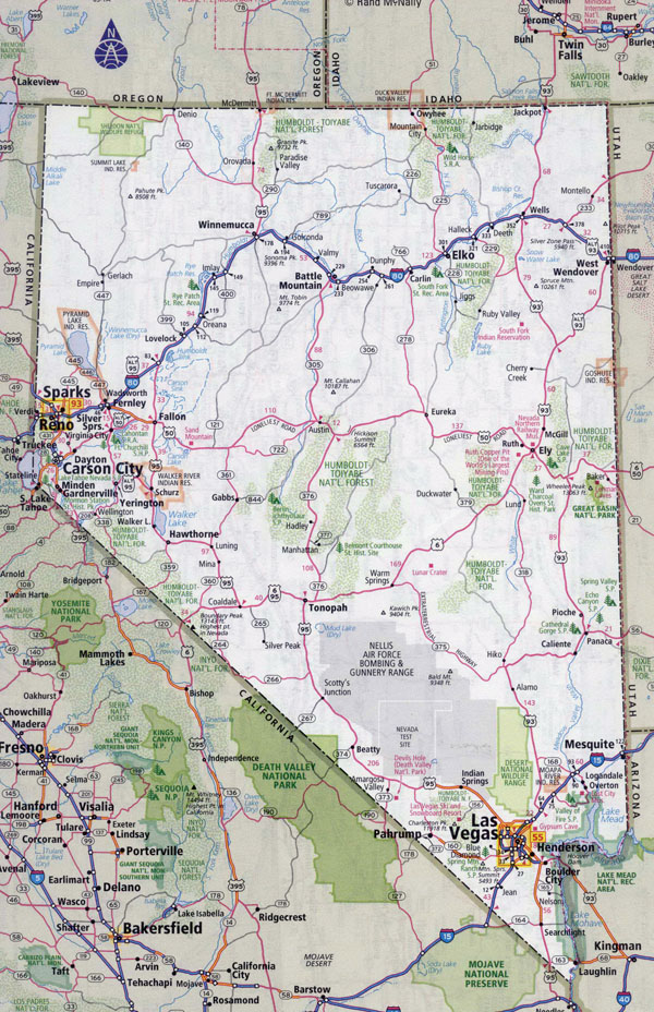 Large detailed roads and highways map of Nevada state with cities.