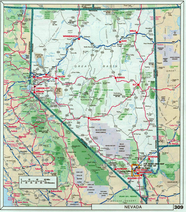 Large detailed roads and highways map of Nevada state with national parks.