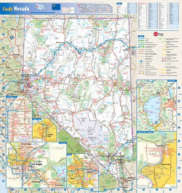 Large detailed roads and highways map of Nevada state with national parks and all cities.