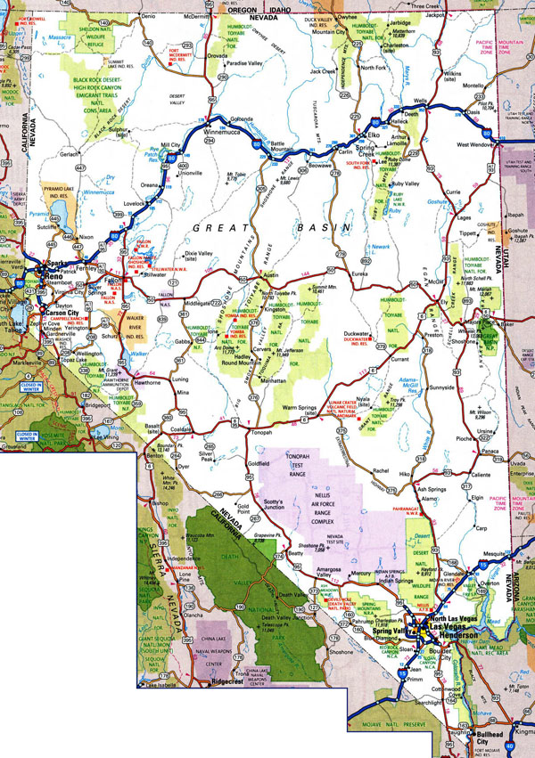 Large detailed roads and highways map of Nevada state with national parks and cities.