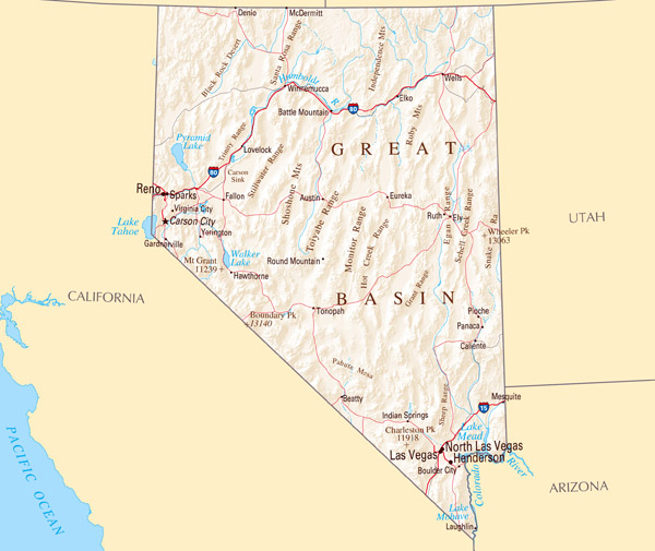 Large map of Nevada state with highways and major cities.