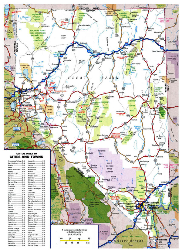 Large roads and highways map of Nevada state with national parks and all cities.