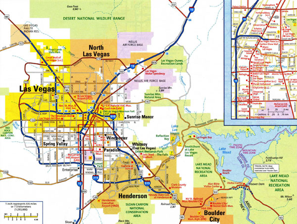 Large detailed road map of Las Vegas city with airports.