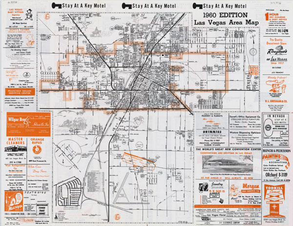 Large detailed vintage Las Vegas city area map - 1960.