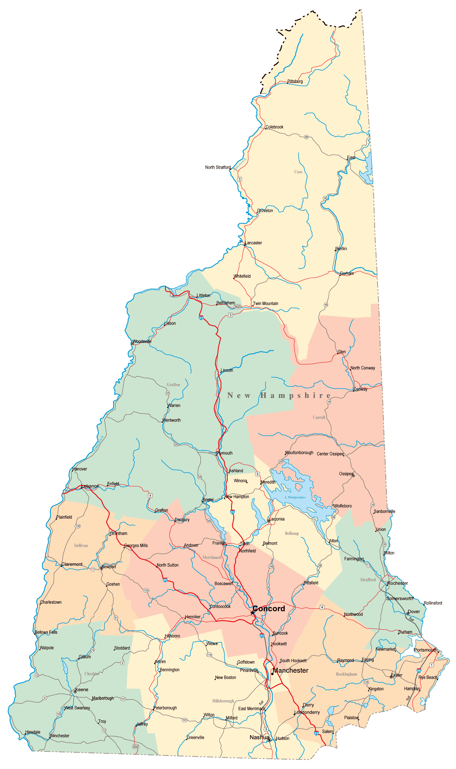 Large administrative map of New Hampshire state with highways, roads and major cities Vidiani