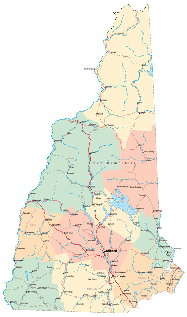 Large administrative map of New Hampshire state with highways, roads and major cities.