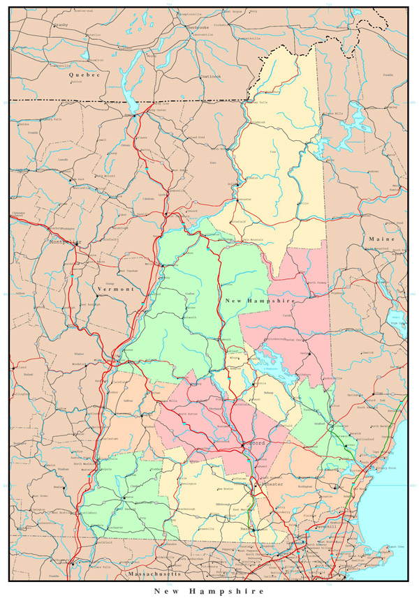 Large detailed administrative map of New Hampshire state with highways, roads and major cities.