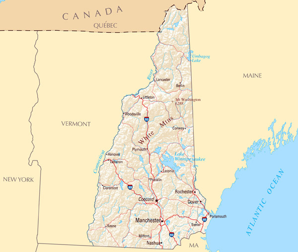 Large detailed map of New Hampshire state with relief, highways and major cities.