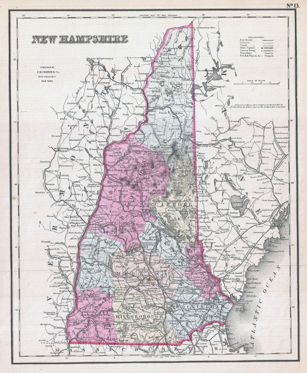 Large detailed old administrative map of New Hampshire state - 1857.