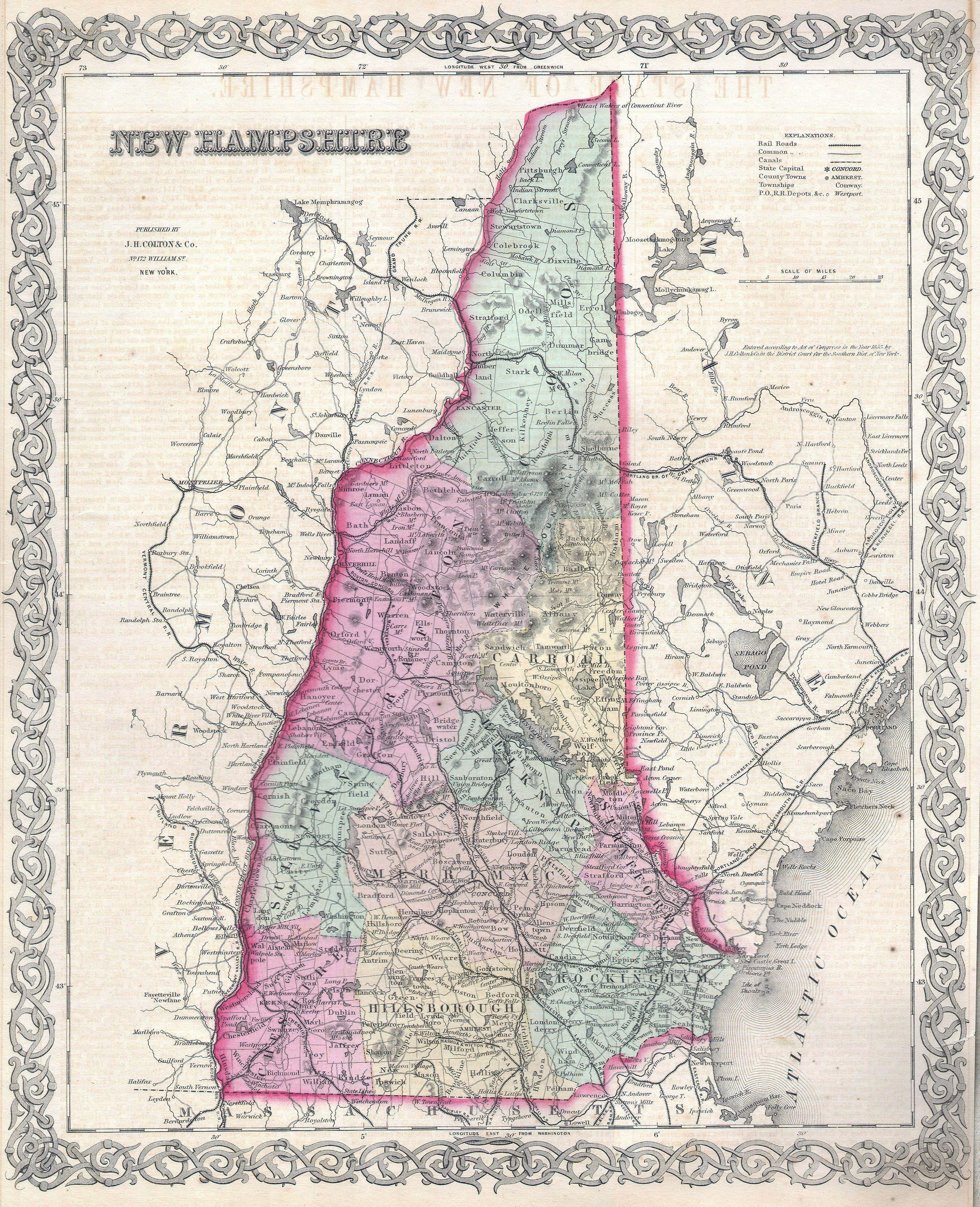 Large detailed old administrative map of New Hampshire state with roads and cities 1855
