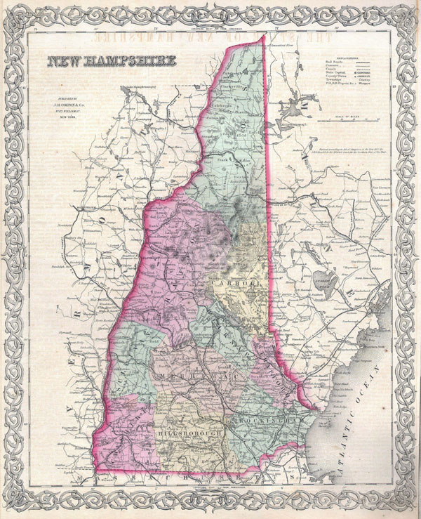 Large detailed old administrative map of New Hampshire state with roads and cities - 1855.