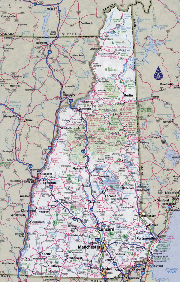 Large detailed roads and highways map of New Hampshire state with all cities.