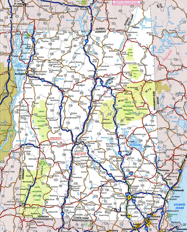 Large detailed roads and highways map of New Hampshire state with national parks and cities.