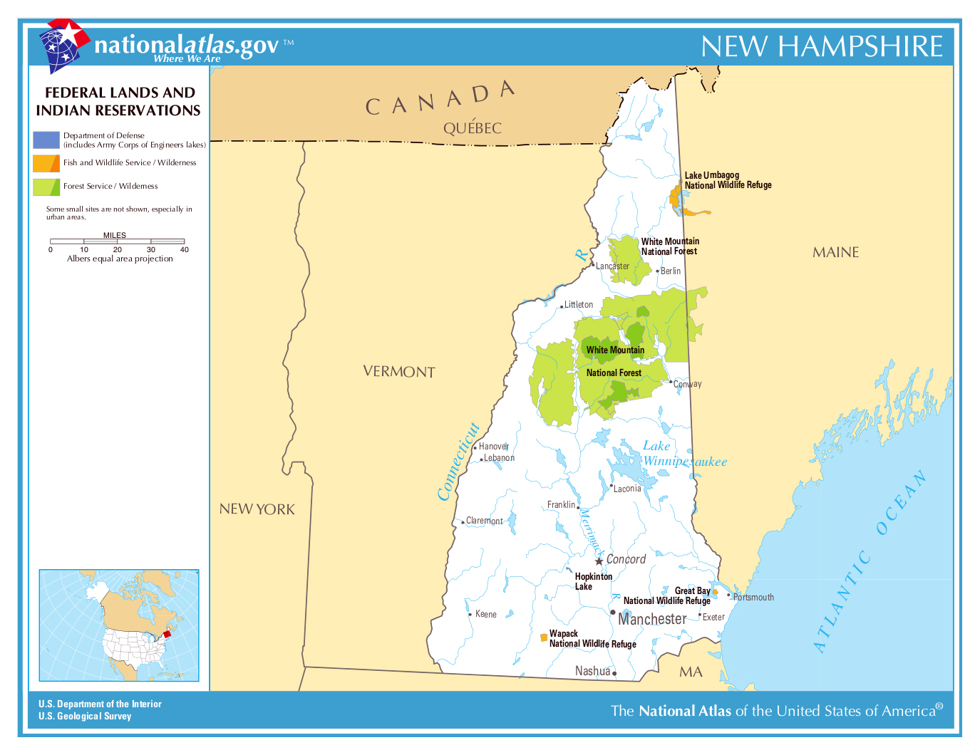 Large Federal Lands and Indian Reservations map of New Hampshire state