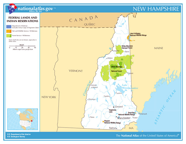 Large Federal Lands and Indian Reservations map of New Hampshire state.