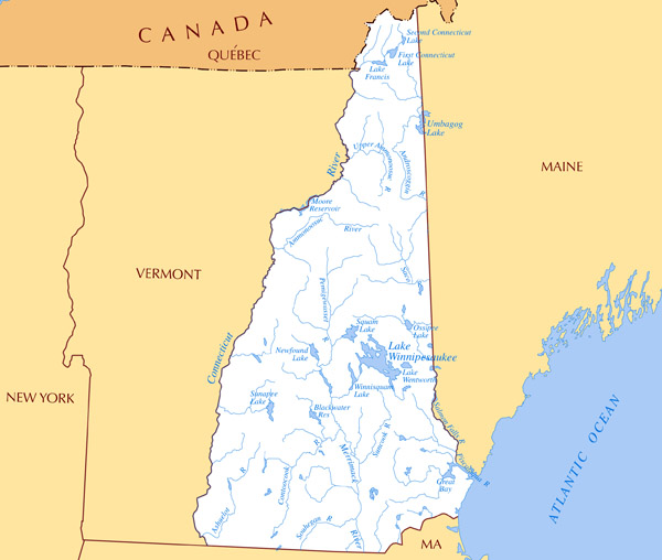 Large rivers and lakes map of New Hampshire state.