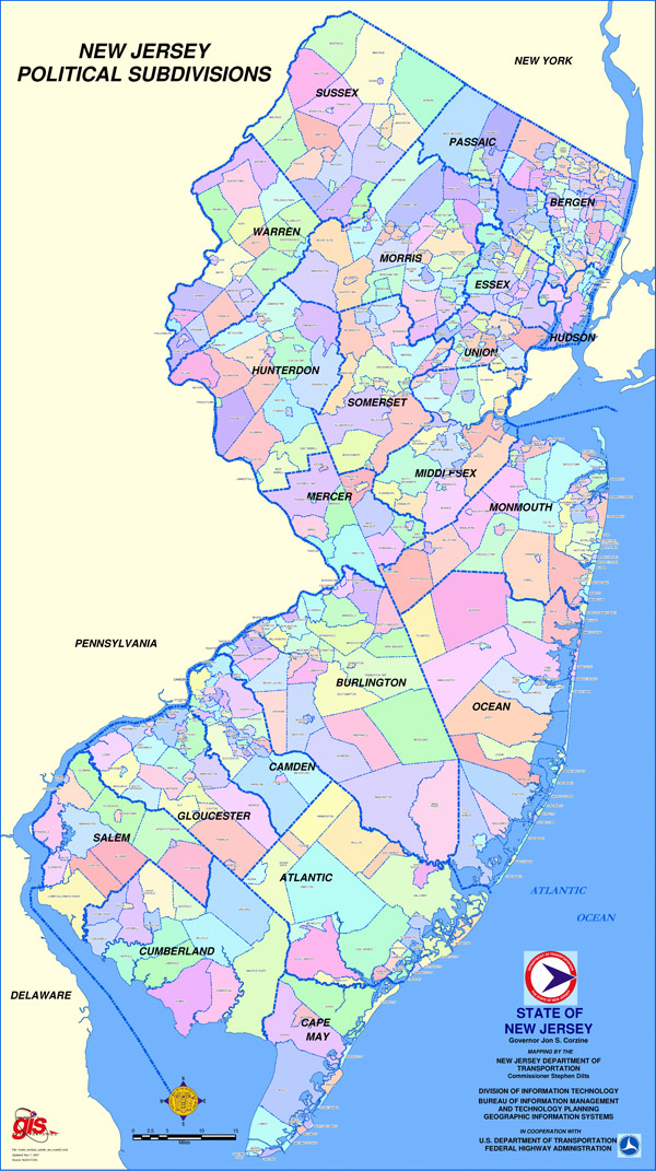 Detailed map of New Jersey state political subdivisions.