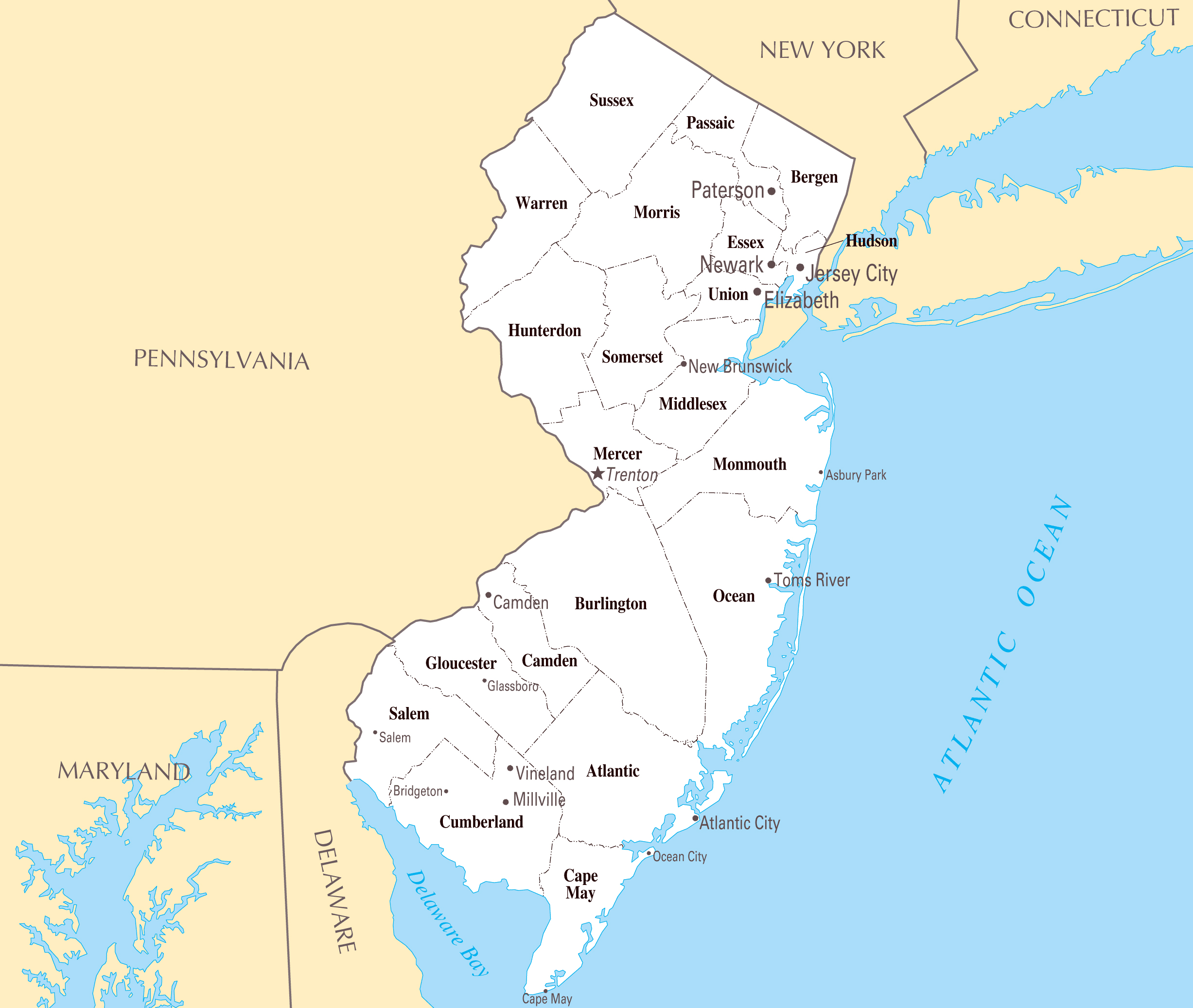 Large administrative map of New Jersey state with major cities