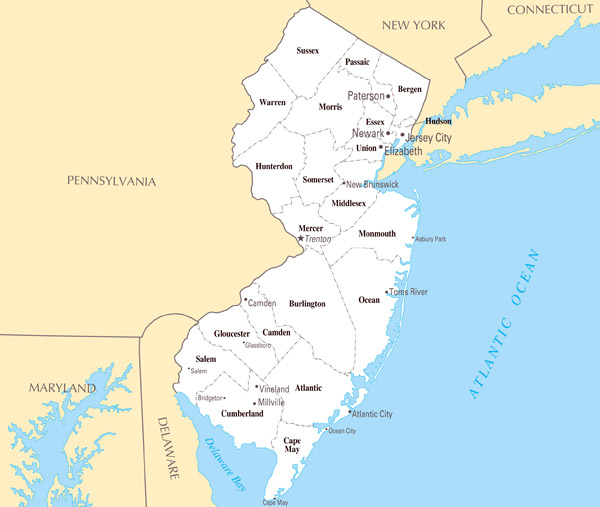 Large administrative map of New Jersey state with major cities.