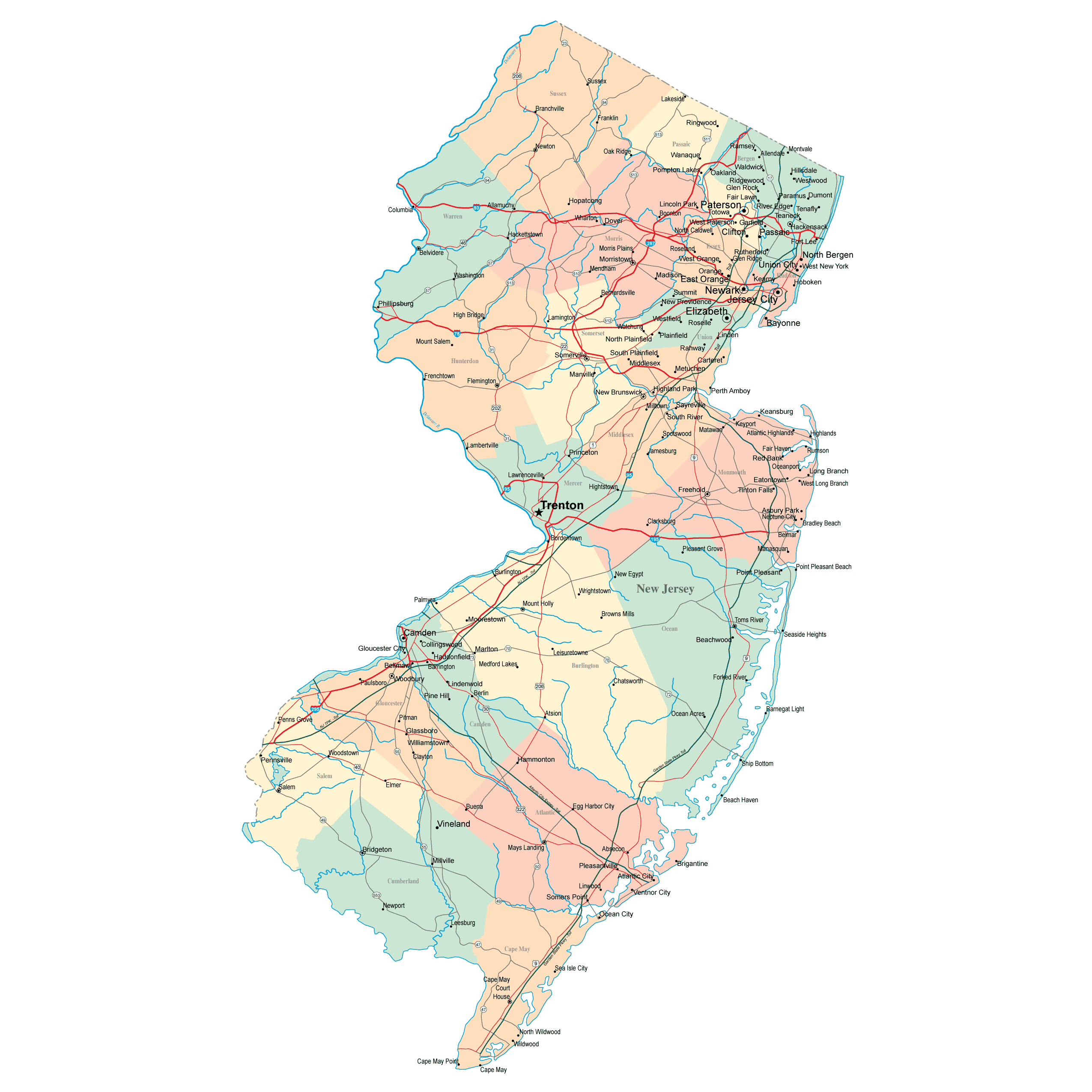 Large administrative map of New Jersey with roads highways and major 