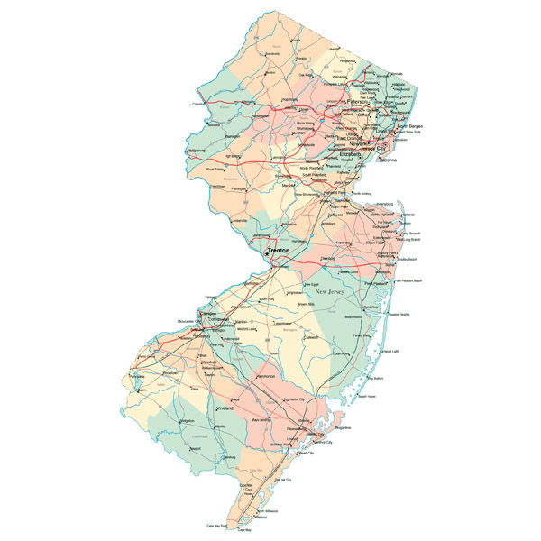 Large administrative map of New Jersey with roads, highways and major cities.