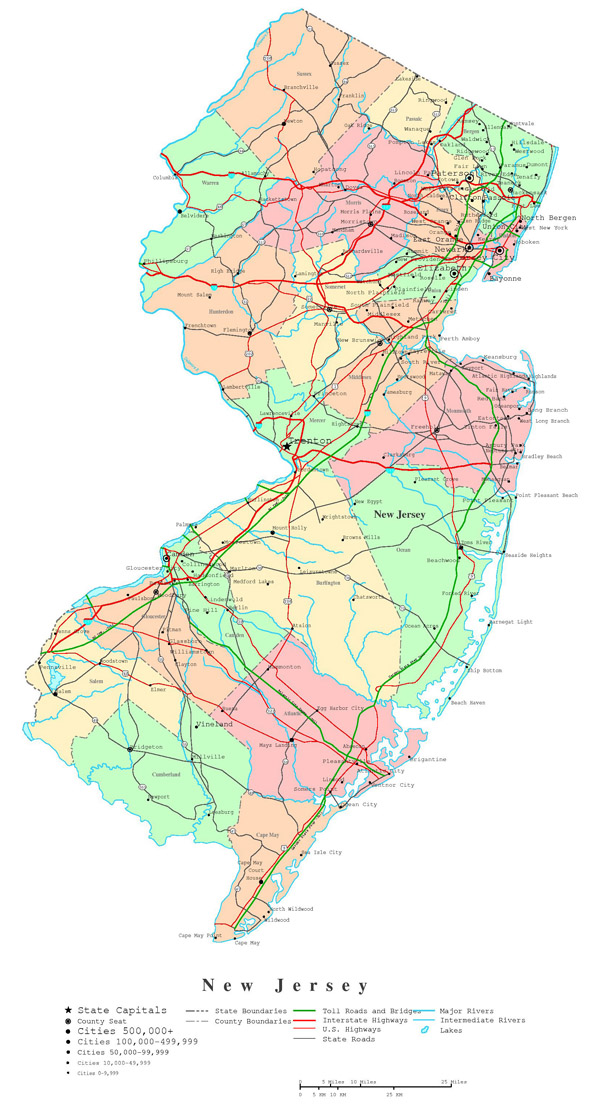 Large detailed administrative map of New Jersey state with highways, roads and cities.