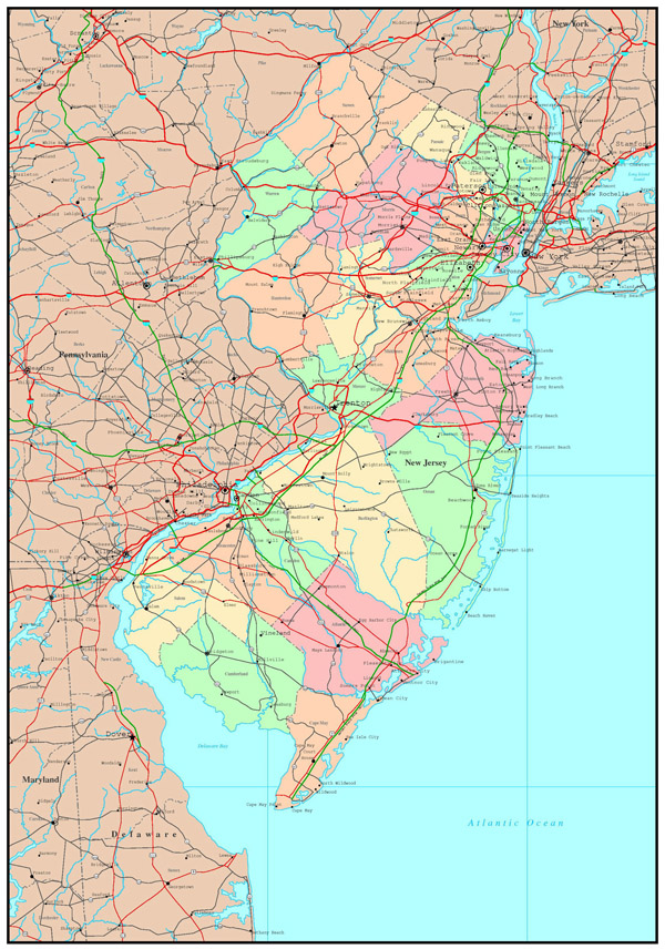 Large detailed administrative map of New Jersey state with highways