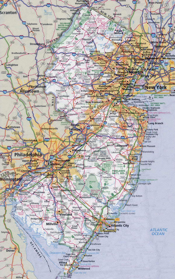 Large detailed roads and highways map of New Jersey state with all cities.